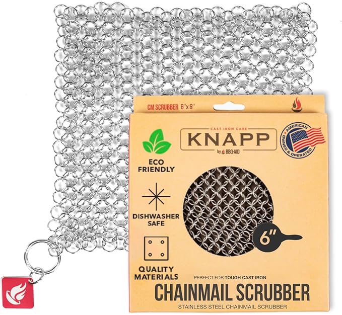 Knapp Made CM Scrubber 6" Small Ring Cast Iron Scrubber - Cast Iron Cleaner for Hard Anodized Cookware, Pre-Seasoned Pans, Dutch Ovens, Iron Pans, Grills and Skillet. Chain Mail Scrubber Cast Iron