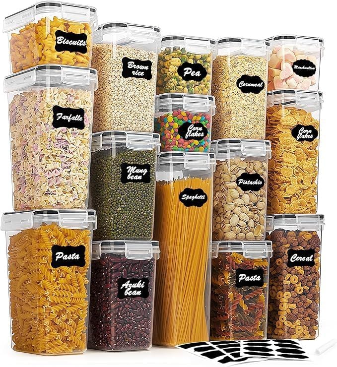 Airtight Food Storage Containers Set, Clear Plastic Kitchen Organizers with Labels, Large Capacity for Pasta, Flour, Cereal, Snacks (6)