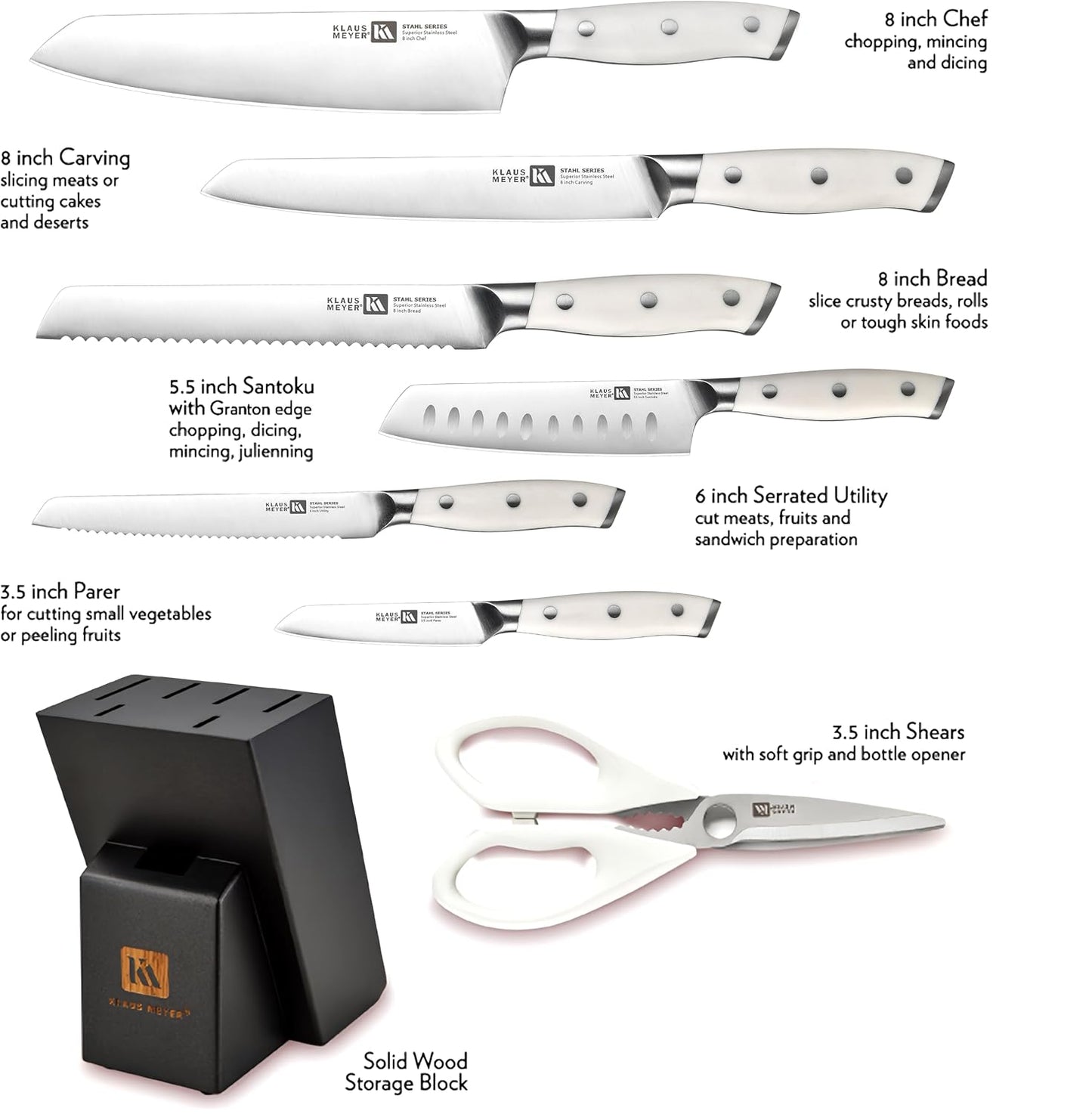 Klaus Meyer Stahl High Carbon Exclusive German Steel 8 Piece Knife Block Set (White)