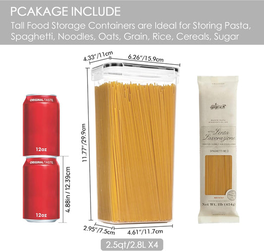 Vtopmart Airtight Food Storage Containers with Lids, 4 PCS 2.8L Pasta Containers for Pantry Organization and Storage, BPA Free Kitchen Canisters for Spaghetti, Flour, Sugar and Noodles, Black