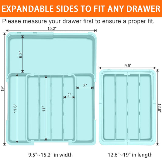 Silverware Organizer Expandable Silverware Drawer Organizer Adjustable Drawer Organizer, Flatware Cutlery Tray for Spoons Forks Knives Kitchen Organizers Storage,Turquoise