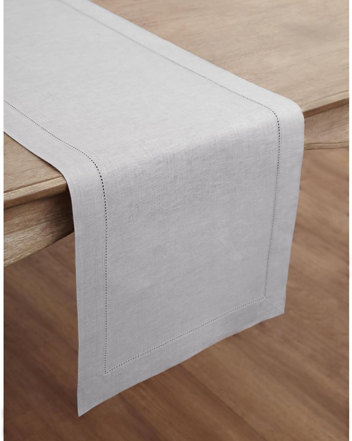 Solino Home Linen Soft Grey Table Runner 132 Inches Long - 100% Pure Linen Extra Long Table Runner 14 x 132 Inch for Fall, Autumn, Thanksgiving, Christmas - Classic Hemstitch