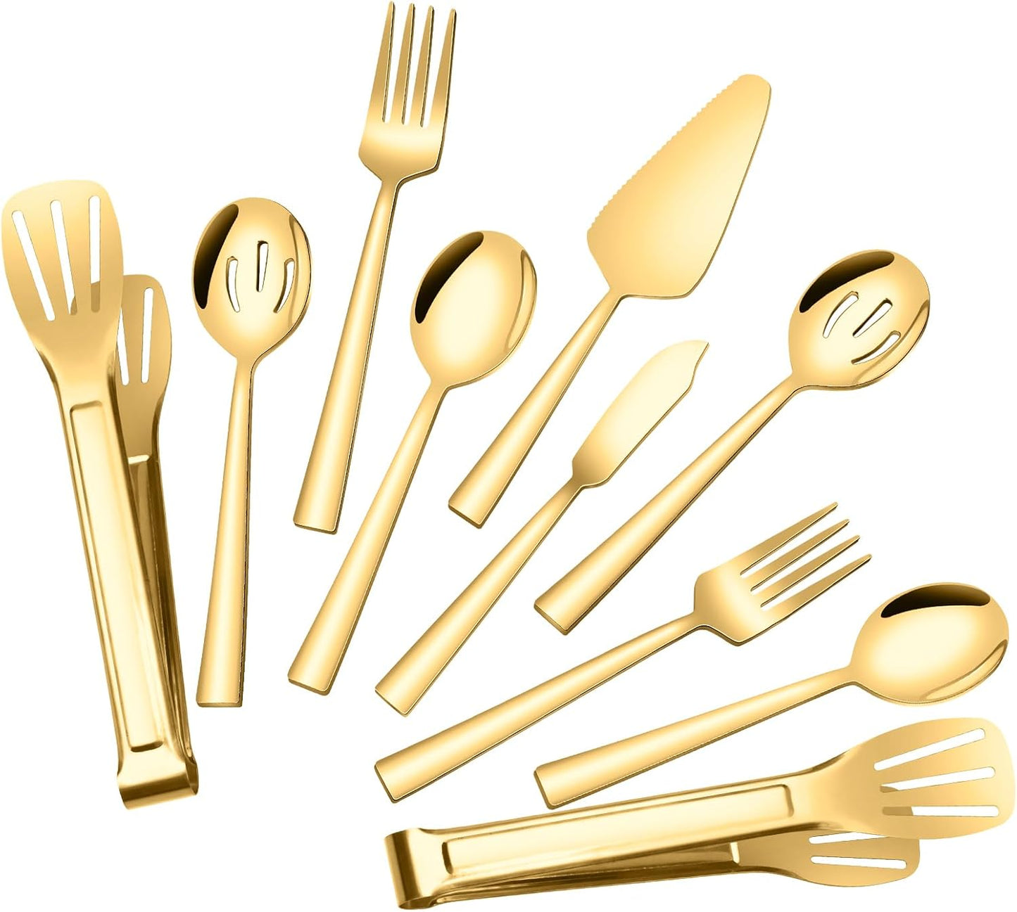 10 Piece Gold Serving Utensils, Amafox Stainless Steel Catering Serving Utensils Set Include Large Spoons, Slotted Spoons, Forks, Appetizer Tongs 9'', Cake Server, Butter Knife, for Daily Use