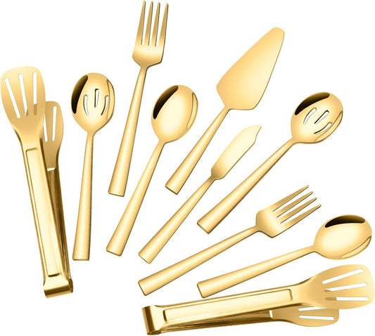 10 Piece Gold Serving Utensils, Amafox Stainless Steel Catering Serving Utensils Set Include Large Spoons, Slotted Spoons, Forks, Appetizer Tongs 9'', Cake Server, Butter Knife, for Daily Use