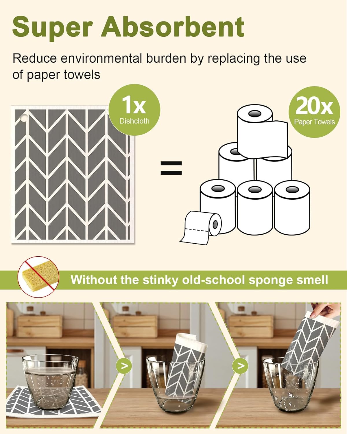 6 Pack Swedish Dishcloths for Kitchen - Reusable Dish Cloths for Washing Dishes Absorbent Cute Funny Kitchen Towels Cleaning Sponge, Grey Checked