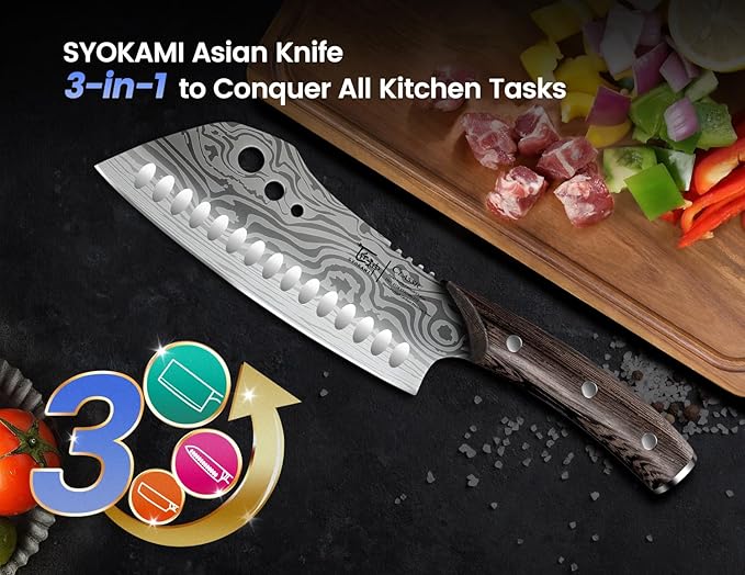 Cleaver Chef Knife with Herb Stripper, 7" Asian Kitchen Knife 3-in-1 Combined with Chef's Knife, Santoku, Nakiri for Slicing, Chopping, Dicing, Mincing, Housewarming Birthday Cooking Gifts