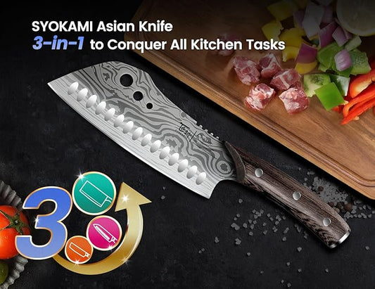 Cleaver Chef Knife with Herb Stripper, 7" Asian Kitchen Knife 3-in-1 Combined with Chef's Knife, Santoku, Nakiri for Slicing, Chopping, Dicing, Mincing, Housewarming Birthday Cooking Gifts