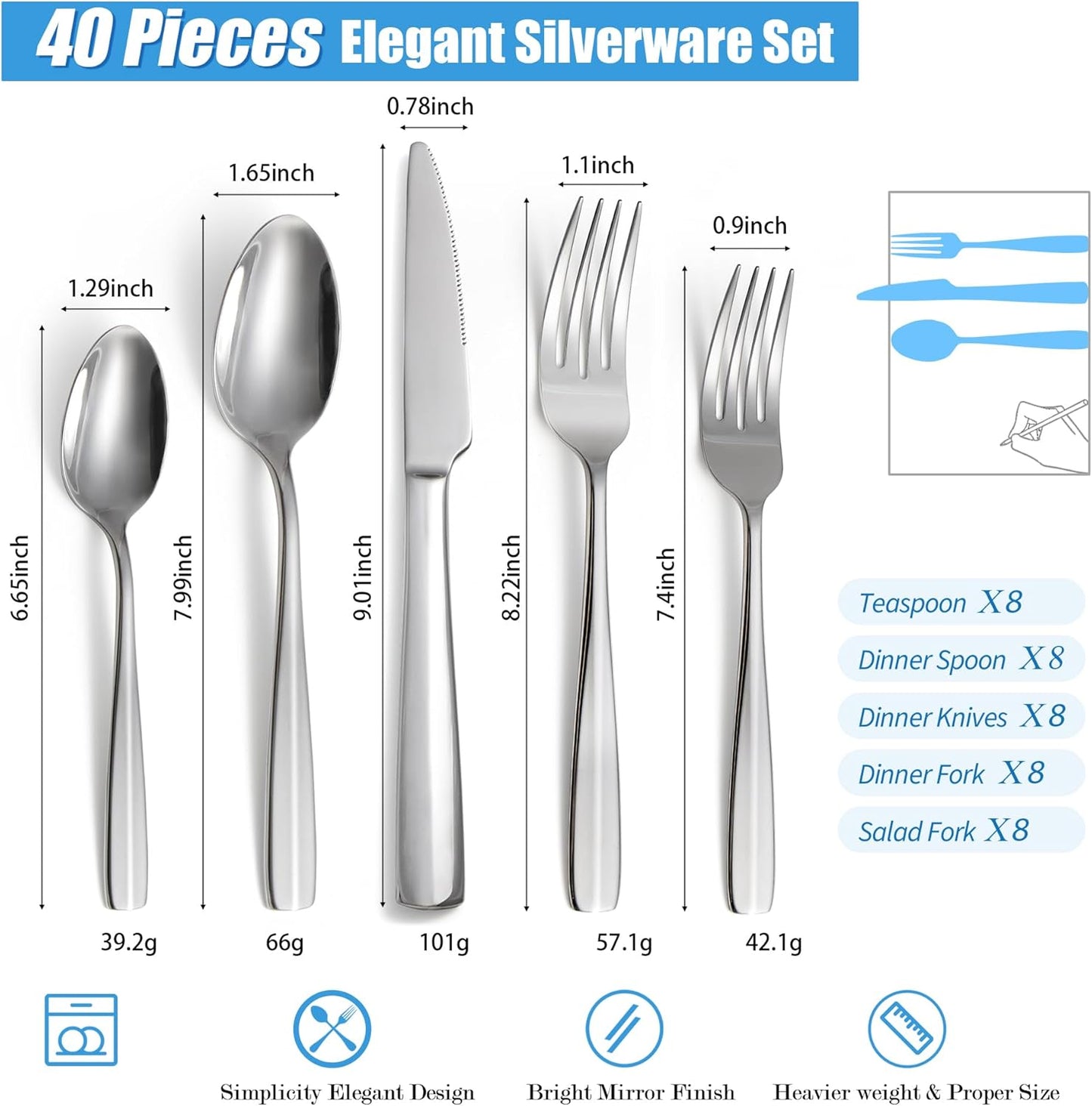 40 Piece Heavy Silverware Set, Premium Stainless Steel Flatware Set for 8, Mirror Polished Dishwasher Safe Kitchen Cutlery Sets, Durable Eating Utensils Dinnerware Include Fork Spoon Knife