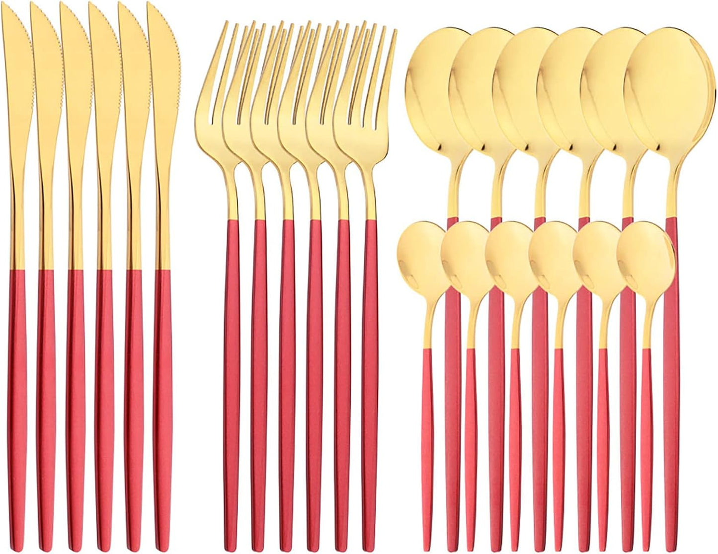 Mirror Cutlery Serving Set, 24-piece 18/0 Stainless Steel Silverware With Red Handle Simple & Modern Tableware For Home Party Restaurant Christmas Dinner, Service For 6 (Red Gold)