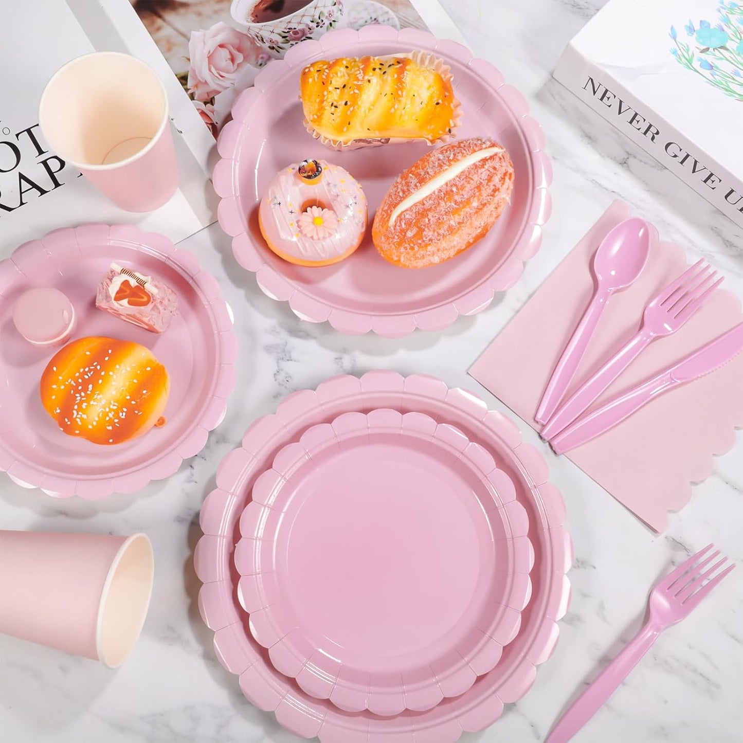 175 Pcs Pink Paper Plates and Napkins, Light Pink Party Supplies Include Scalloped Plate Napkins Cups Plastic Spoons Forks Knives for Baby Shower, Wedding, Birthday