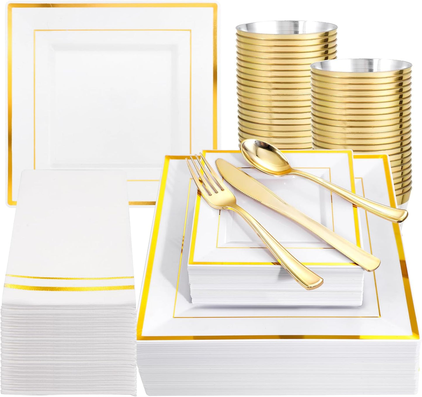Festiva 350Pcs Gold Plastic Plates - Disposable Square Gold Plates Dinnerware set include 9.5"/6" Plates,Cups,Plastic Cutlery,Hand Napkins Perfect for 50 guests Party&Wedding&Thanksgiving&Christmas