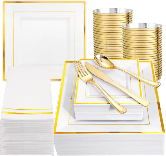 Festiva 350Pcs Gold Plastic Plates - Disposable Square Gold Plates Dinnerware set include 9.5"/6" Plates,Cups,Plastic Cutlery,Hand Napkins Perfect for 50 guests Party&Wedding&Thanksgiving&Christmas