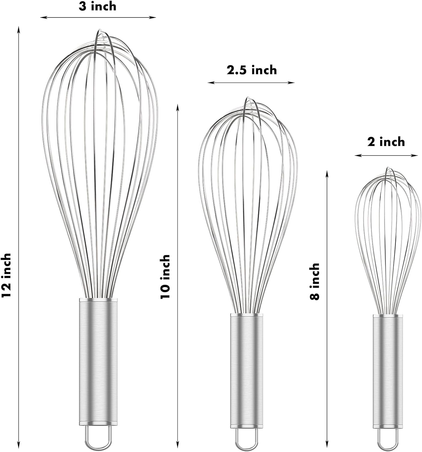 304 Stainless Steel Whisk Set, Dishwasher Safe Rustproof Metal Whisk, Professional Balloon Wire Whisks for Kitchen Cooking, Perfect For Blending, Whisking, Baking, Beating, 3 Packs (8" 10" 12")