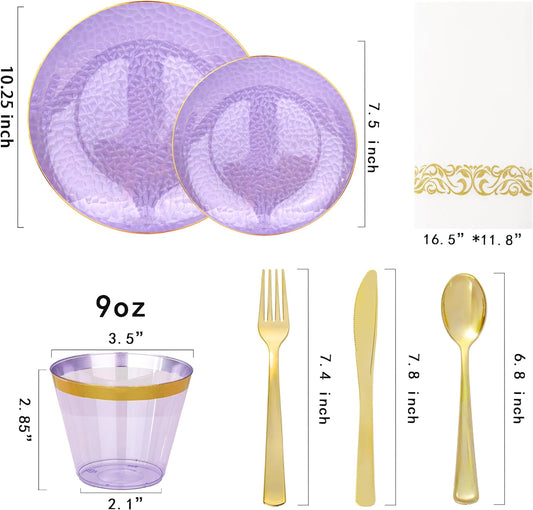 Rubtlamp 350 Pcs Clear Purple Plastic Plates, Gold Plastic Dinnerware Set (50 Guests), Purple Disposable Plates With Gold Rim, Hammered Party Plates Set for Wedding And Party