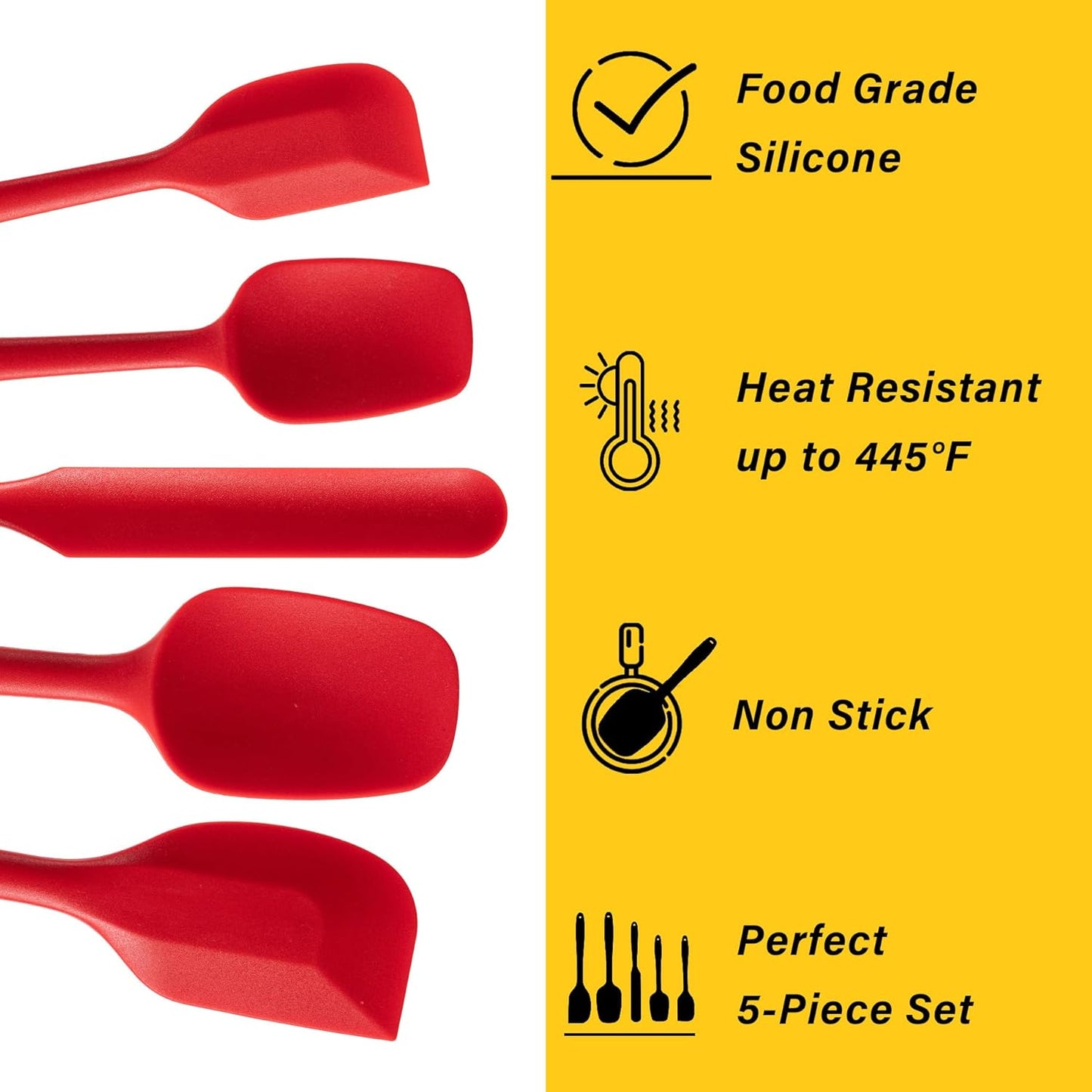 Silicone Spatula Set, 5 Piece Food Grade Rubber Spatulas for Baking, Cooking, and Mixing High Heat Resistant Non Stick Dishwasher Safe BPA-Free (RED)