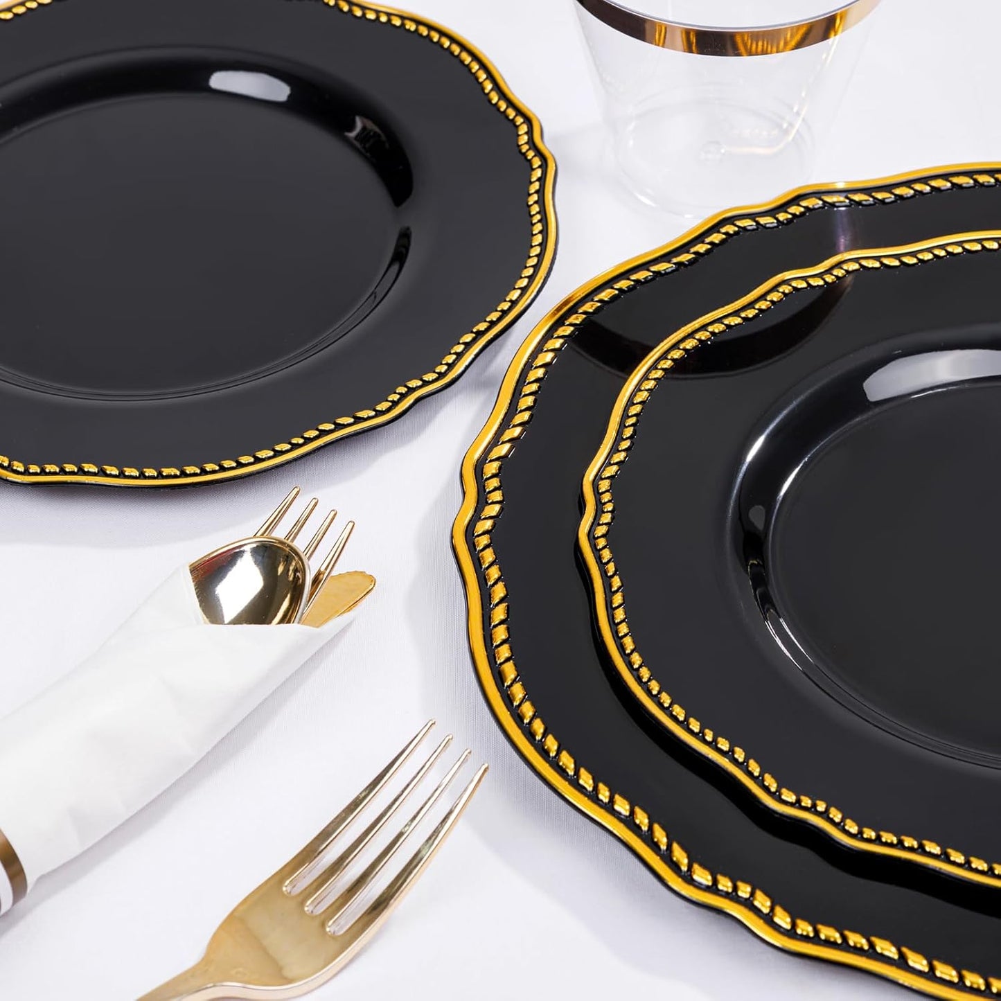 Hioasis 175pcs Black and gold Plastic Plates - Gold Plastic Dinnerware Set Includes 25 Dinner Plates, 25 Dessert Dinnerware, 25 Cups, 25 Napkins Perfect for Wedding & Halloween