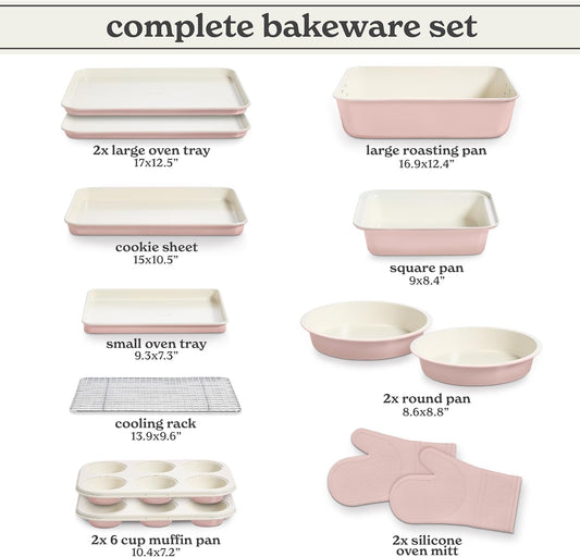 Country Kitchen Nonstick Stackable Bakeware Set - Deluxe Heavy Duty, Durable, Easy Release Baking Set, Pink, 13 Pcs with Handles