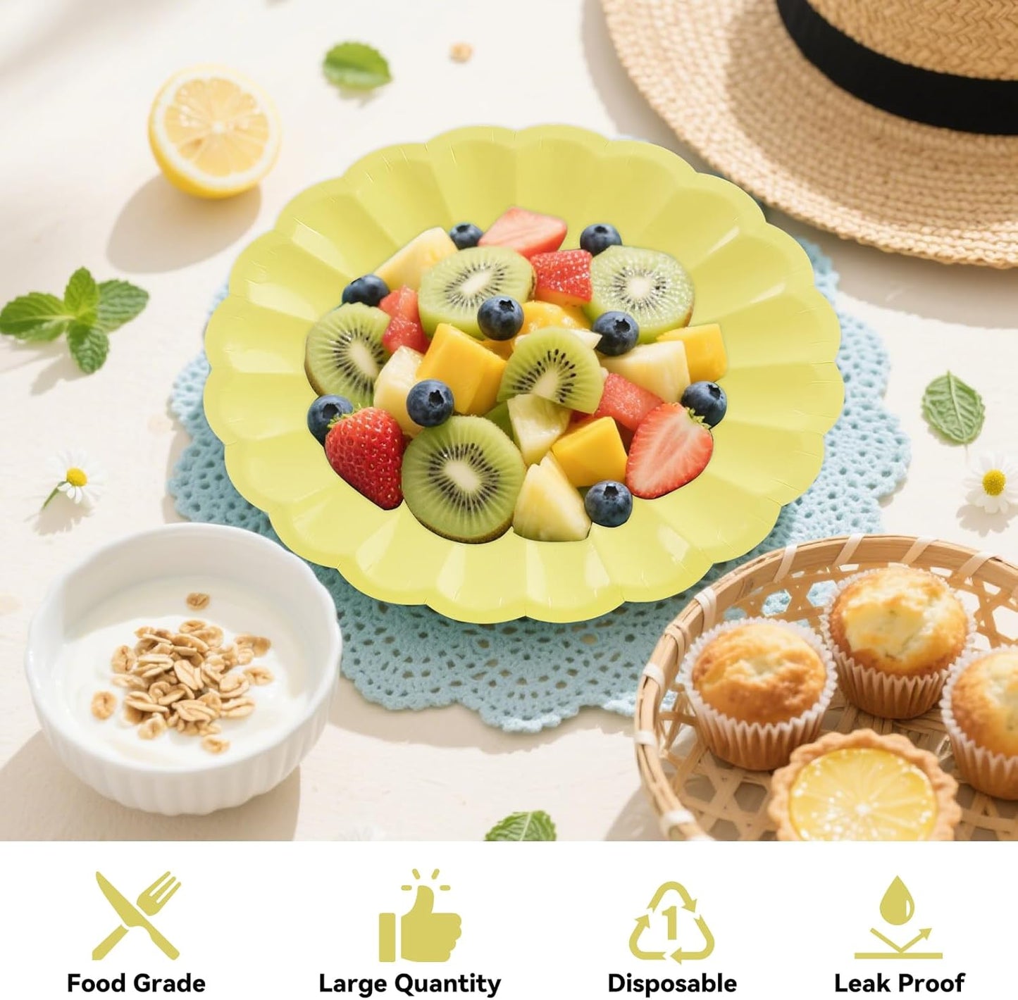 50Pcs Large Scalloped Yellow Paper Plates 9Inch Shell Edge Dinner Plates for Cake Salad Fruit Disposable Dinner Serving Plates for Birthday Wedding Baby Shower Party Decorations