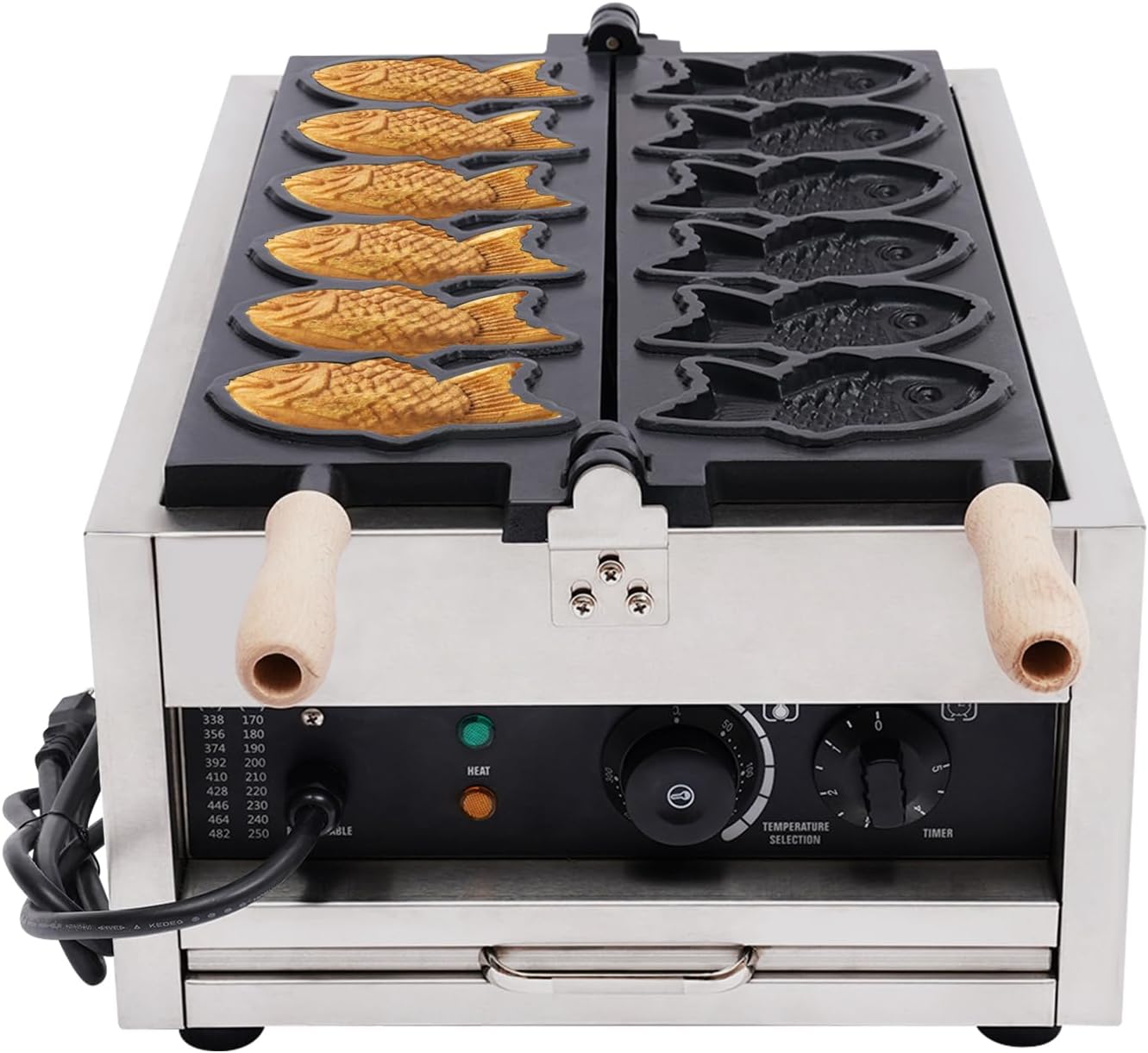 6Pcs Commercial Taiyaki Fish Waffle Maker 3000W Electric Nonstick Fish-Shaped Waffle Baker Machine for Family, Restaurants, Food Stores