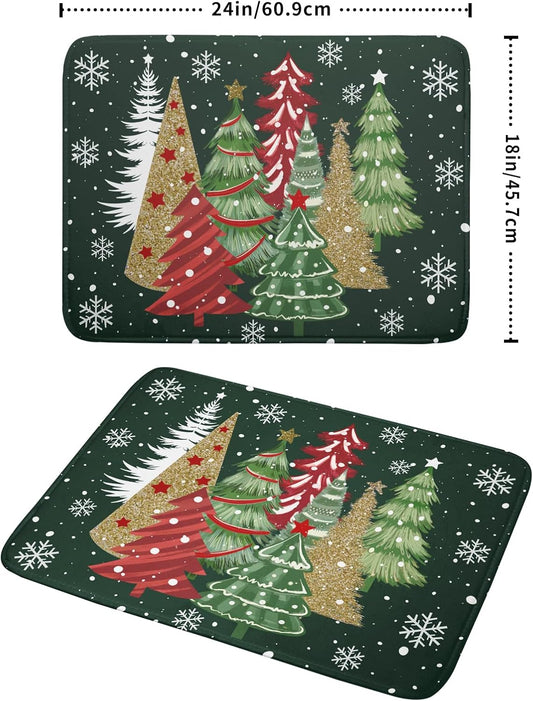 Christmas Dish Drying Mats 18x24, Farmhouse Gold Red Xmas Pine Trees Winter Holiday Washable Microfiber Absorbent Dishes Drainer Rack Pad for Coffee Machine Bar Sink Counter