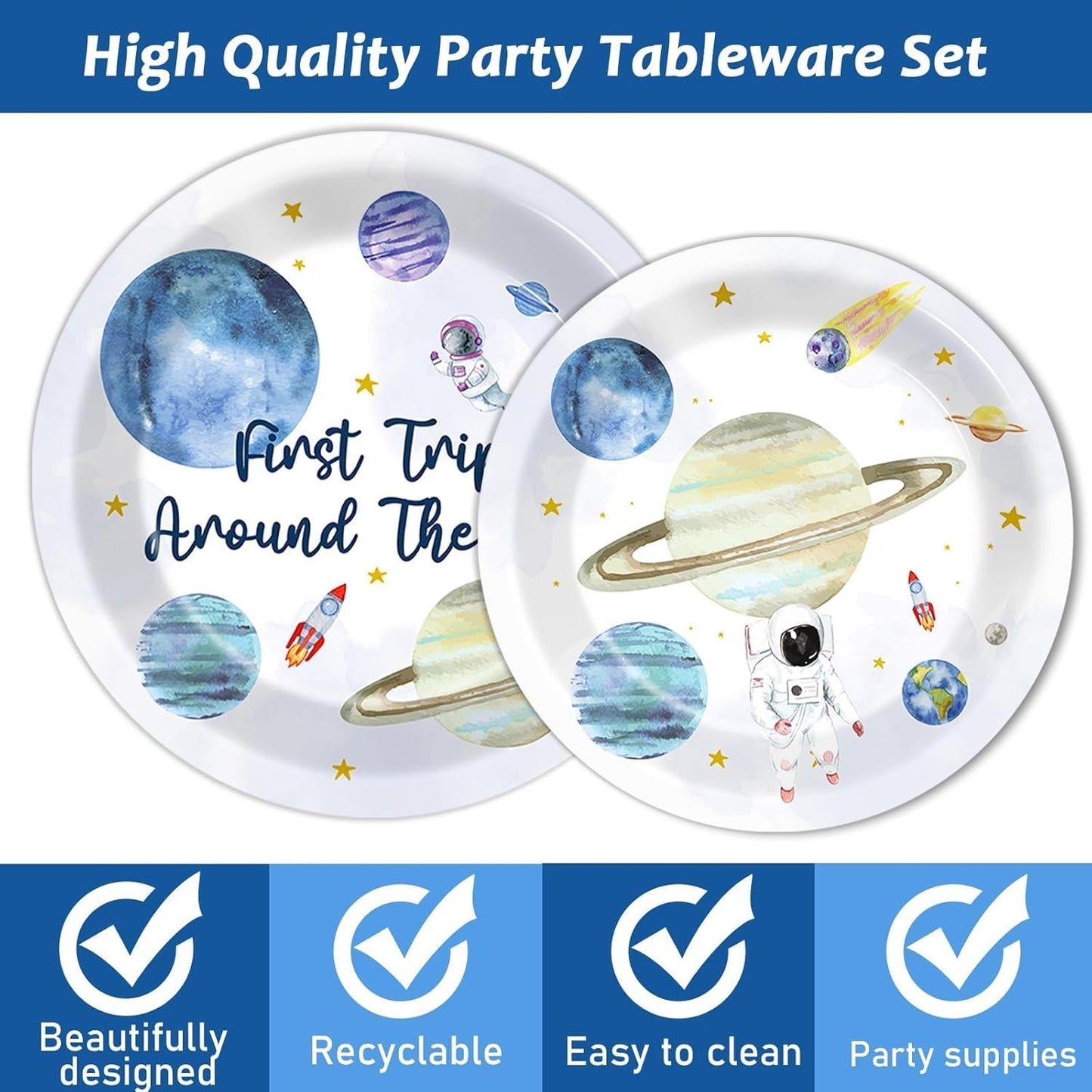 ZOIIWA 200 PCS First Trip Around the Sun Birthday Tableware Disposable 1st Space Party Supplies Outer Space Birthday Party Paper Plates Napkins Forks Baby Shower Party Decoration Serve 50 guest