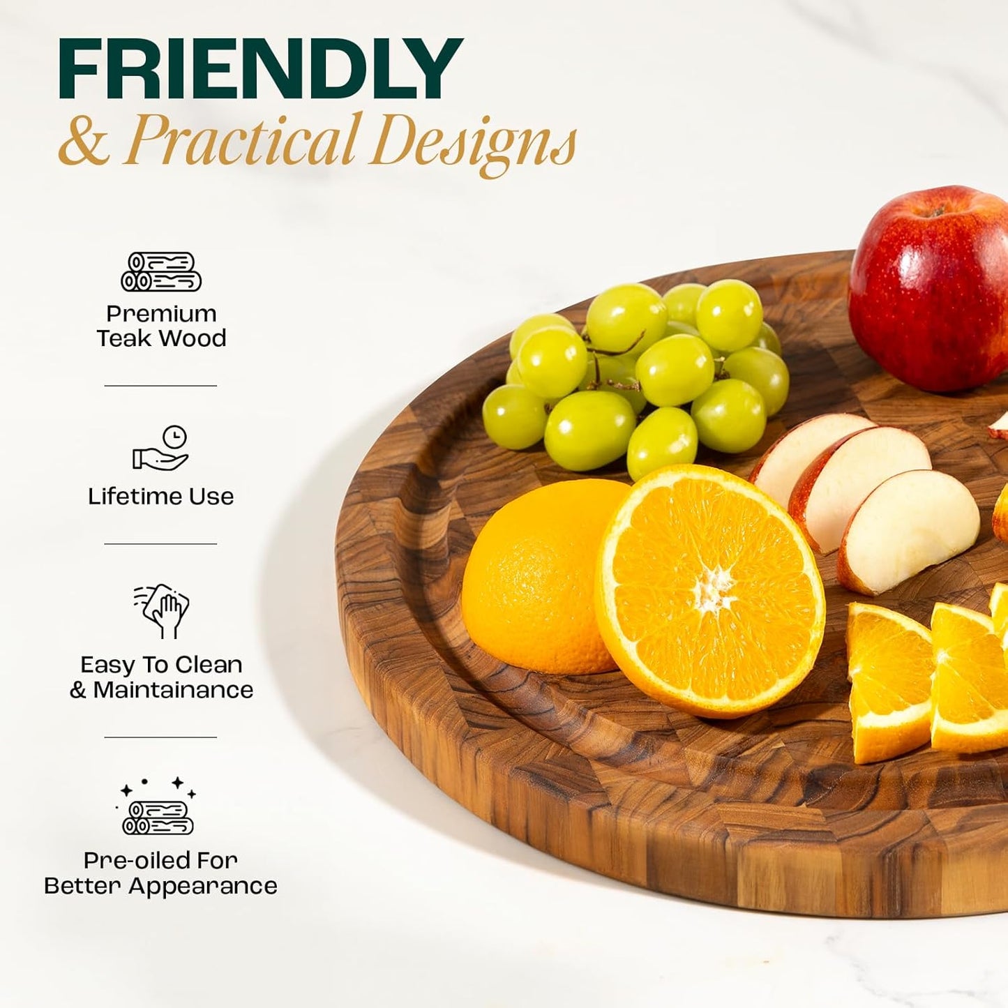 Yes4All Round Teak Cutting Boards for Kitchen, [16"D x 1"Thick] End Grain Cutting Board, Teak Wood Serving Board, Food Safe Surface for Slicing and Serving, Wood Charcuterie Board with Build In Handle