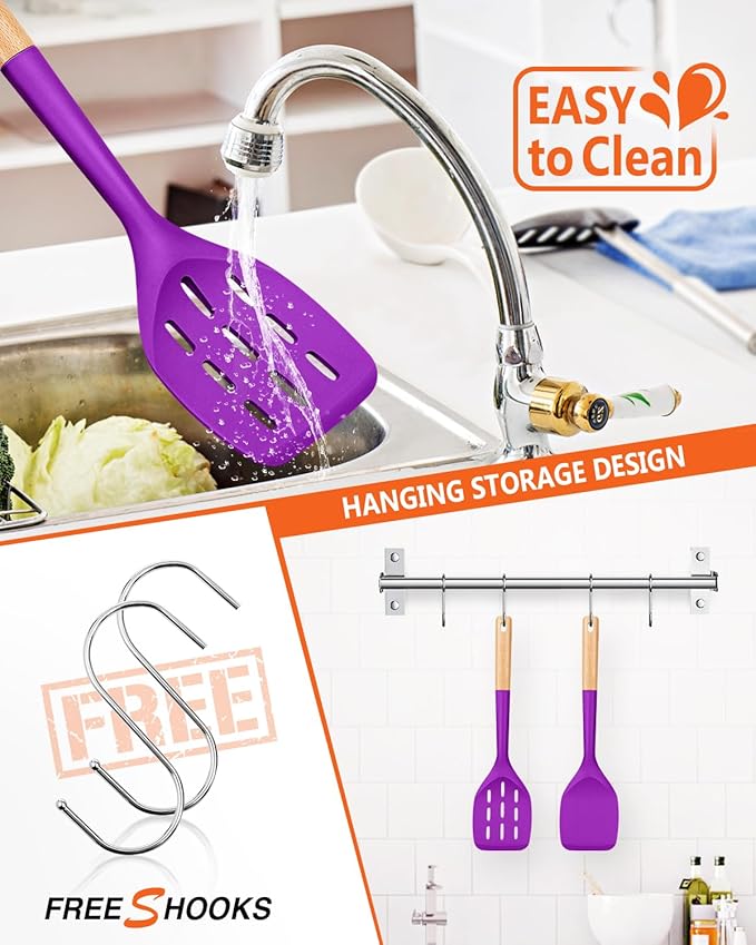 Pack of 2 Silicone Spatula, Non Stick Cooking Utensil Set, Wooden Handle Kitchen Turner for Baking Mixing Grilling Serving Food Heat Resistant (BERRY)