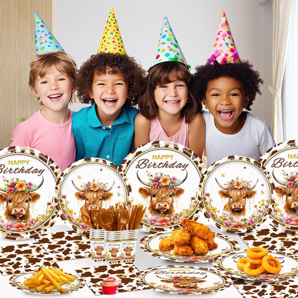 140 Pcs Highland Cow Birthday Party Supplies Holy Cow Highland Themed Baby Shower Birthday Party Decorations Disposable Tableware Set Plates Napkins Cups Serves 20