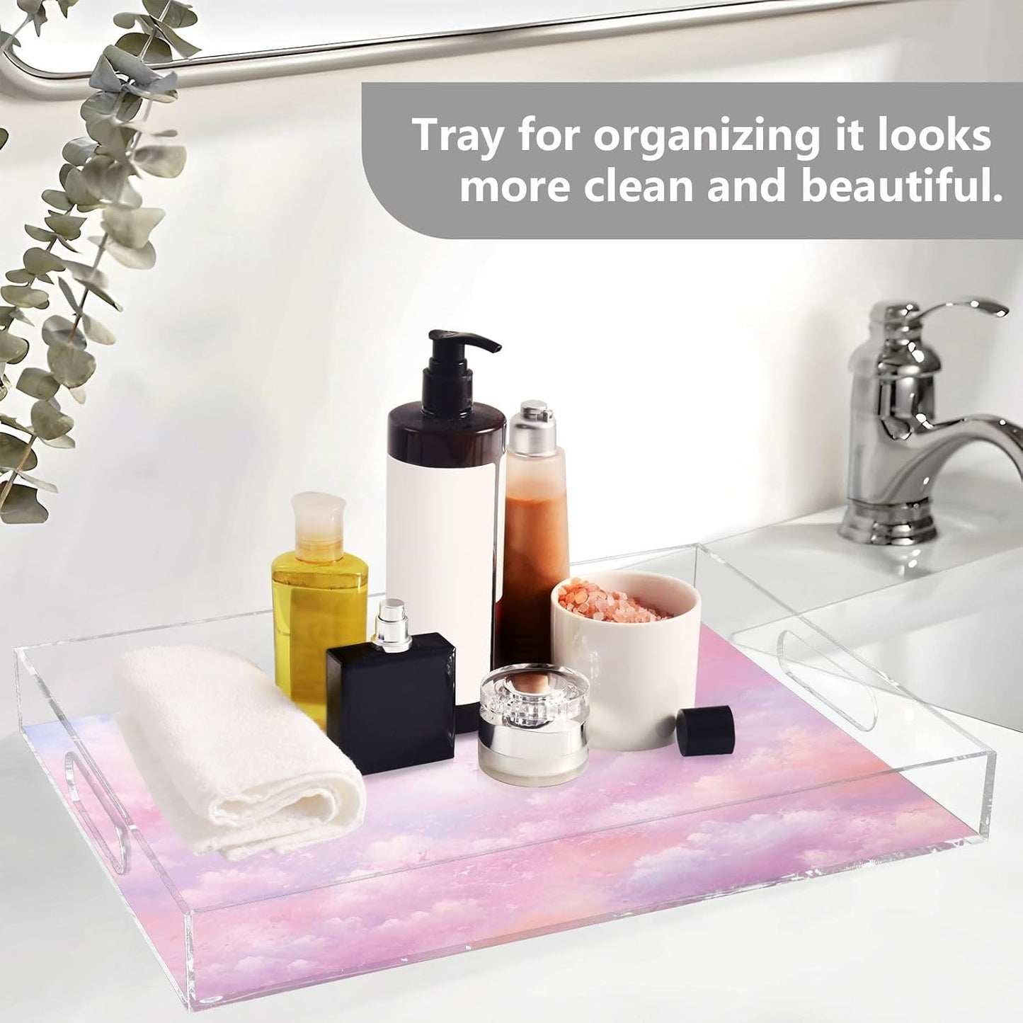 Plastic Food Serving Tray Decorative Vanity Trays for Bathroom Pink Sky Coffee Table Kitchen Counter 11.8 * 15.7in