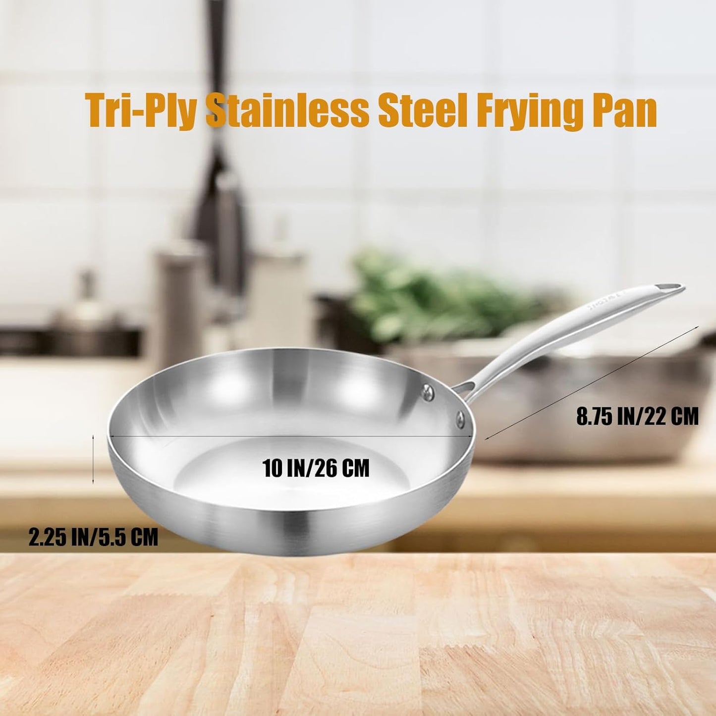 Inqibee 10 Inch Tri-Ply Stainless Steel Frying Pan with Lid,Skillet,Induction Cooking Pan,Dishwasher and Oven Safe