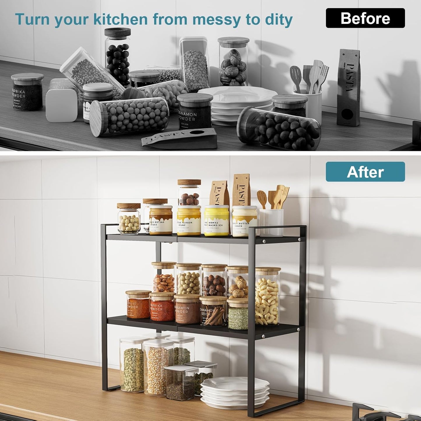 Cabinet Shelf Expandable Height Adjustable Organizer Riser for Kitchen Cabinet Pantry Cupboard Under Sink Countertop Organization