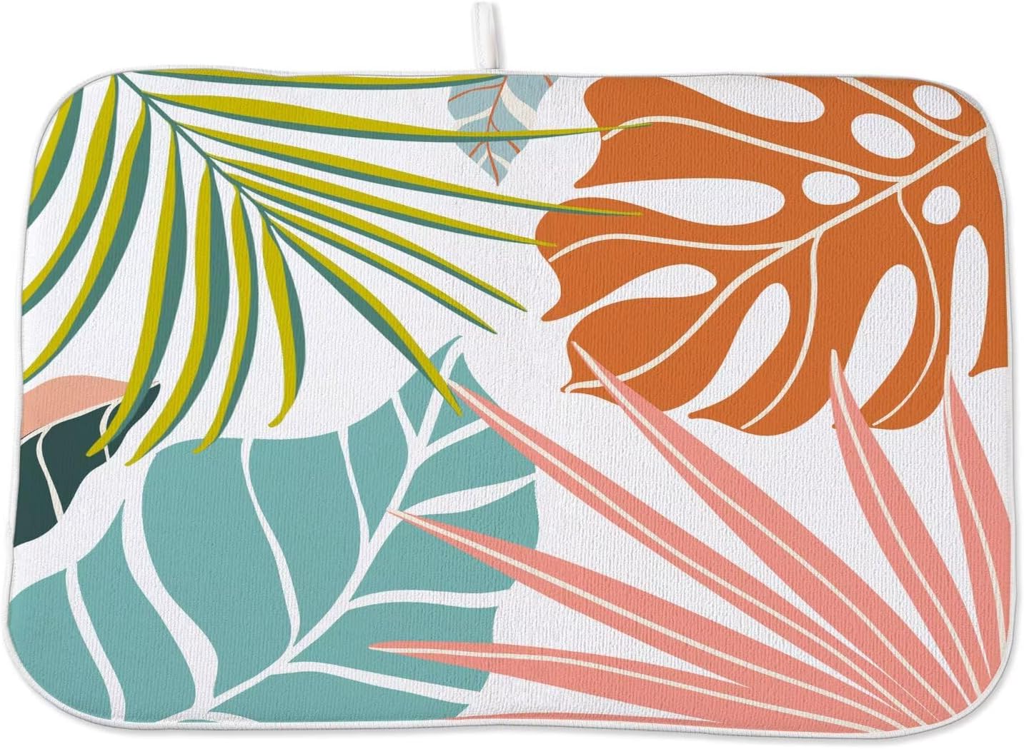 Summer Palm Leaf Dish Drying Mat 18 x 24 inch, Green Coral Tropical Leaf Decorative Drying Mats Microfiber Absorbent Dish Washable Draining Mat for Kitchen Counter Decor
