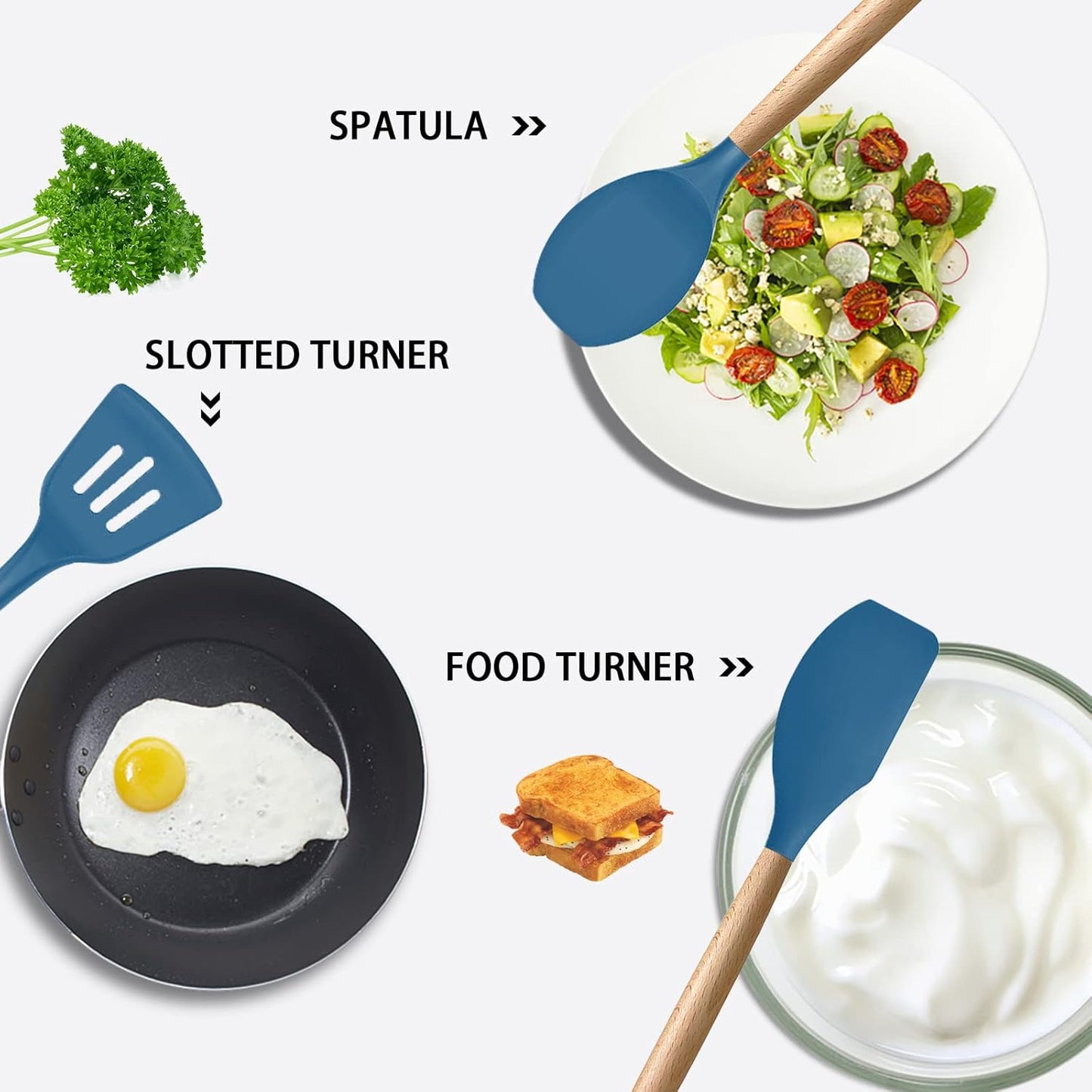 MIBOTE 17 Pcs Silicone Cooking Kitchen Utensils Set with Holder, Wooden Handles BPA Free Silicone Turner Tongs Spatula Spoon Kitchen Gadgets Utensil Set for Nonstick Cookware (Blue)