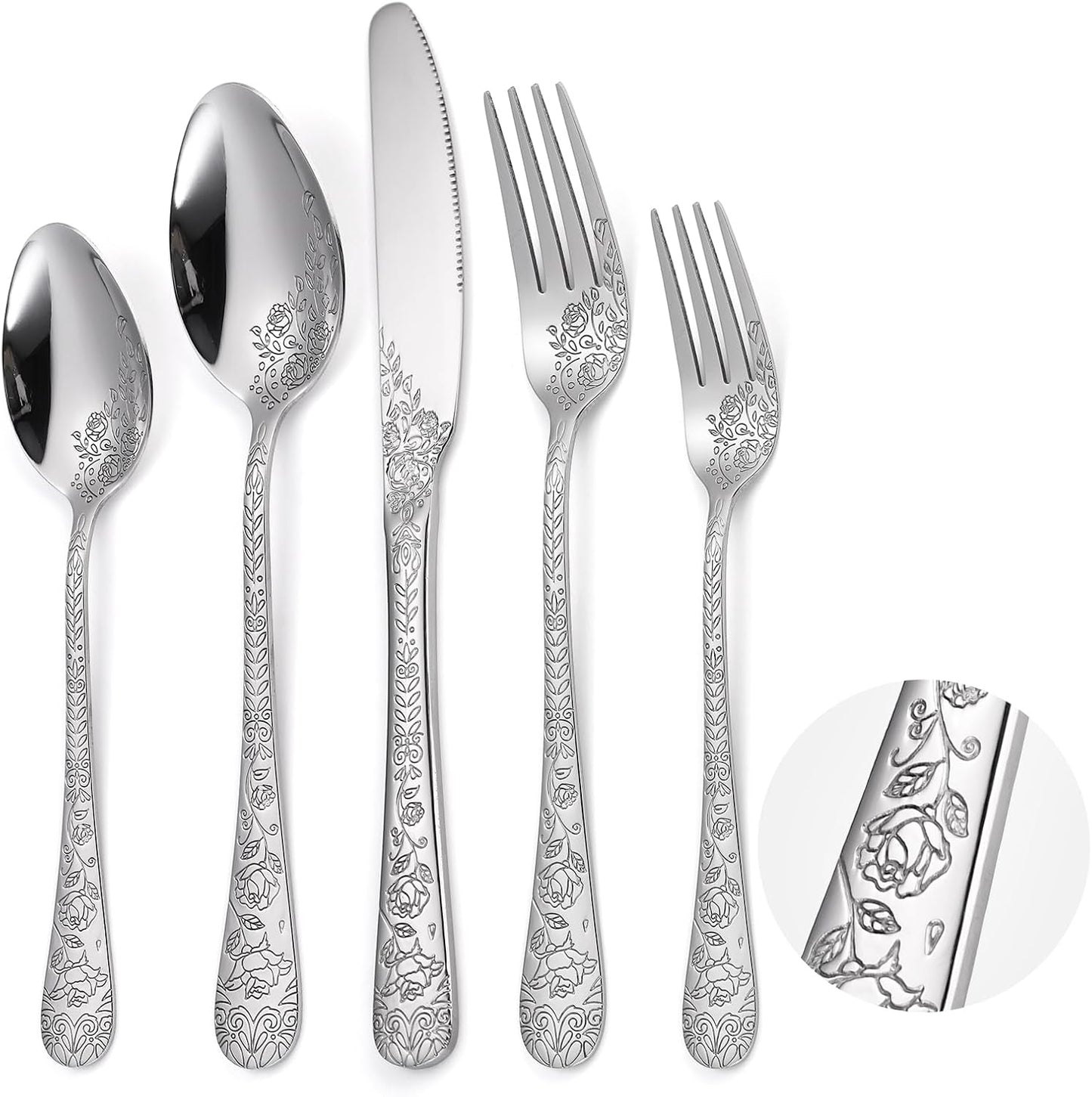 Floral Silverware Set 6 Silvery Flatware Stainless Steel with Delicate Engraved Rose Flower Embossed Design Complete 30 Piece Cutlery for Restaurant Utensils Home Kitchen Daily Use