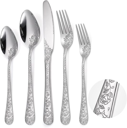 Floral Silverware Set 6 Silvery Flatware Stainless Steel with Delicate Engraved Rose Flower Embossed Design Complete 30 Piece Cutlery for Restaurant Utensils Home Kitchen Daily Use