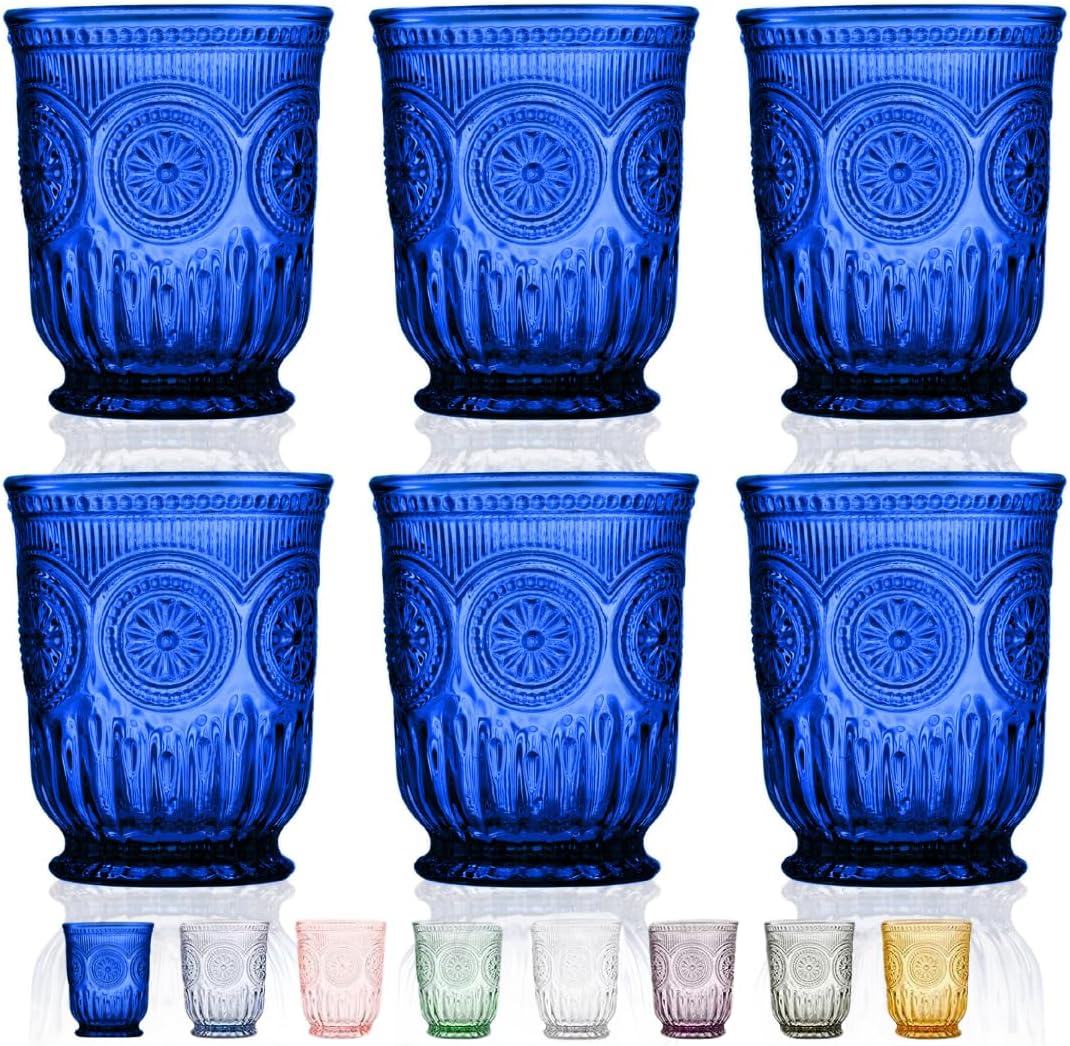 Cobalt Blue Glassware drinking glasses Set of 6, Handcrafted 8-Ounce Cups with Vintage Sunflower Pattern, Sturdy Lead-Free, Dishwasher Friendly blue drinking glasses with matching highball and goblets