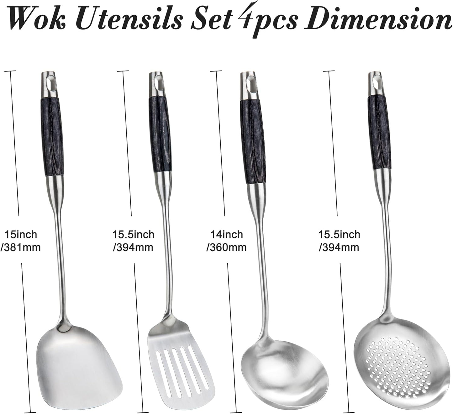 FJNATINH Wok Spatula Set of 4, Spatula Slotted Turner, Soup Ladle, Slotted Spoon for Cooking Utensils with Wooden Handle, Kitchen Stainless Steel Spatulas Cooking Spoons