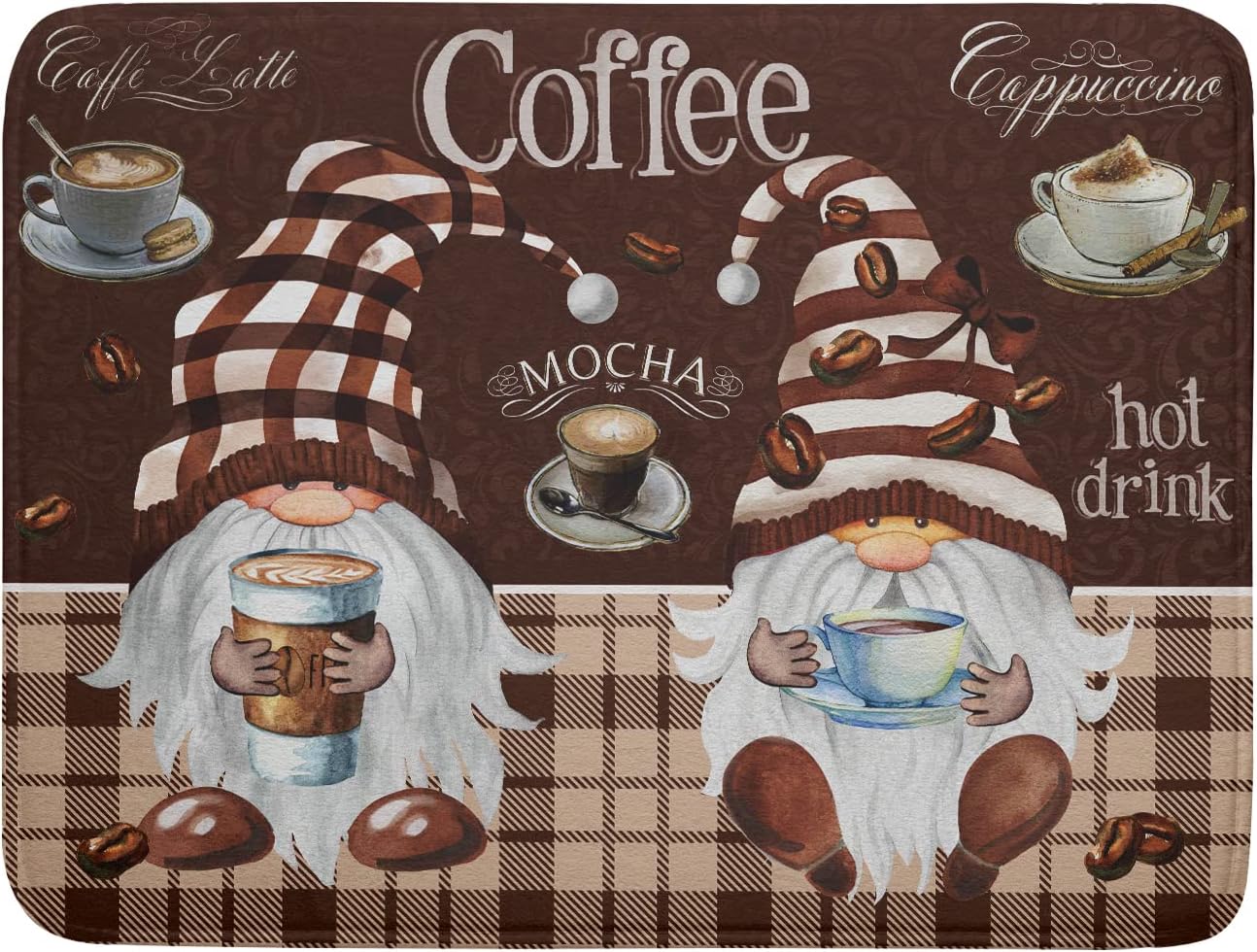 Coffee Gnomes Dish Drying Mat 18x24 Inch, Coffee Maker Mats for Tabletop, Buffalo Plaid Brown Mocha Absorbent Washable Spillproof Espresso Machine Pad Cafe Bar Kitchen Counter Protector