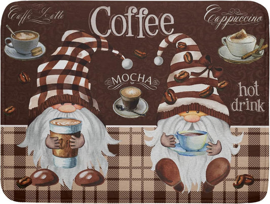 Coffee Gnomes Dish Drying Mat 18x24 Inch, Coffee Maker Mats for Tabletop, Buffalo Plaid Brown Mocha Absorbent Washable Spillproof Espresso Machine Pad Cafe Bar Kitchen Counter Protector