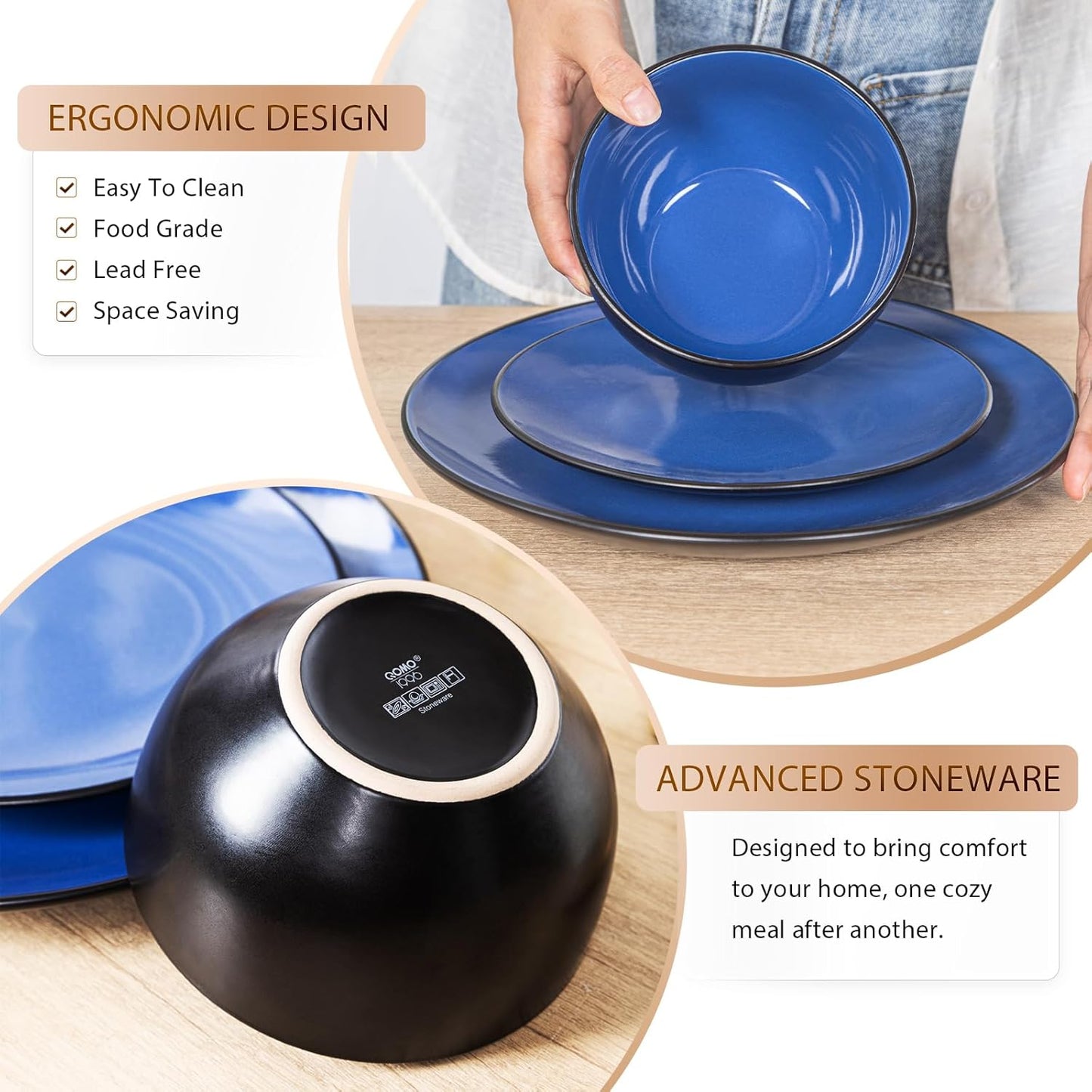 Plates and Bowls Sets for 4 - CJDC-QUELO 16-Piece Stoneware Dinnerware Sets, Ceramic Dishware Set for Indoor Kitchen Use and Formal Dining, Chip and Scratch Resistant Microwave Dishwasher Safe, Blue