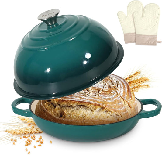 Davivy 5.5QT Cast Iron Sourdough Bread Pan with Silicone Oven Mitts, Enameled Cast Iron Bread Cloche, 10" Round Sourdough Dutch Oven with Lid, Dutch Oven for Sourdough Bread - Gradient Teal