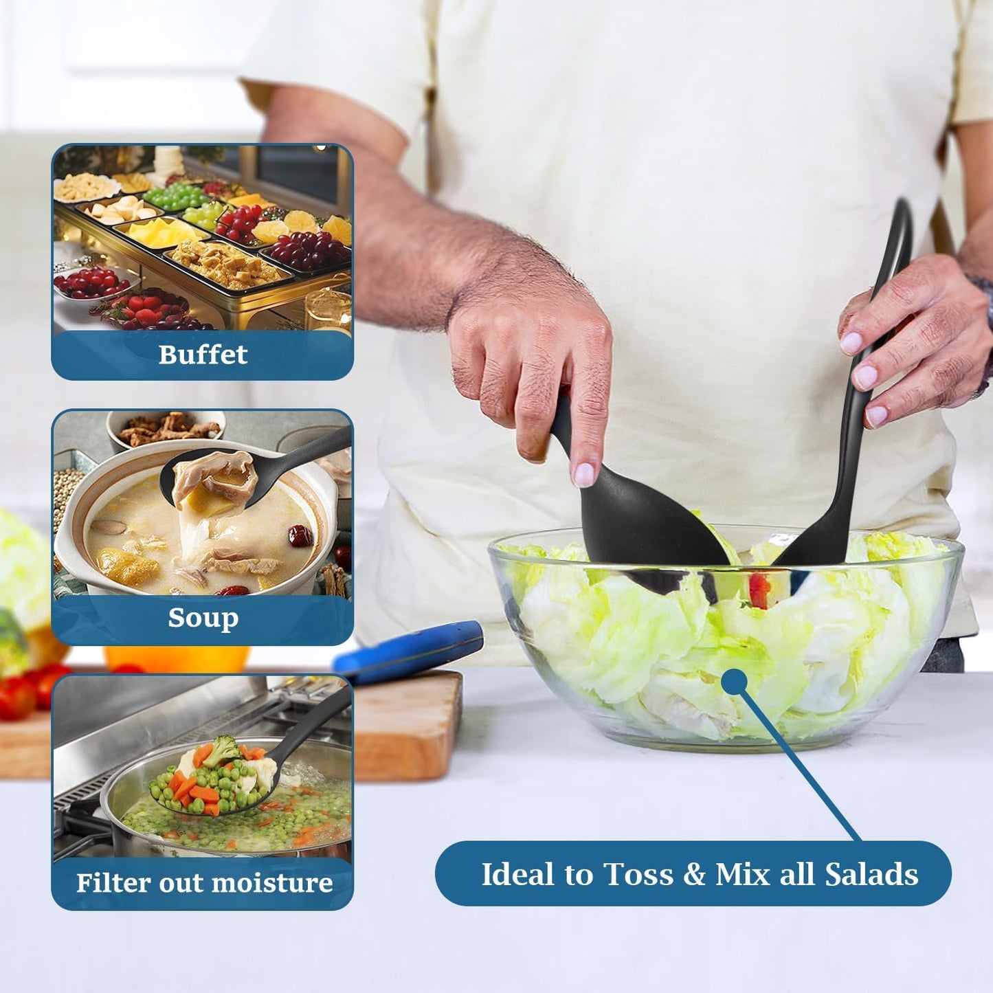 8 Pack 10" Large Reusable Plastic Wheat Straw Serving Spoon Set, 4 Serving Spoons & 4 Slotted Spoons, Kitchen Mixing Serving Spoon for Buffet Chafing Dish Catering (Black, Not for Cooking)