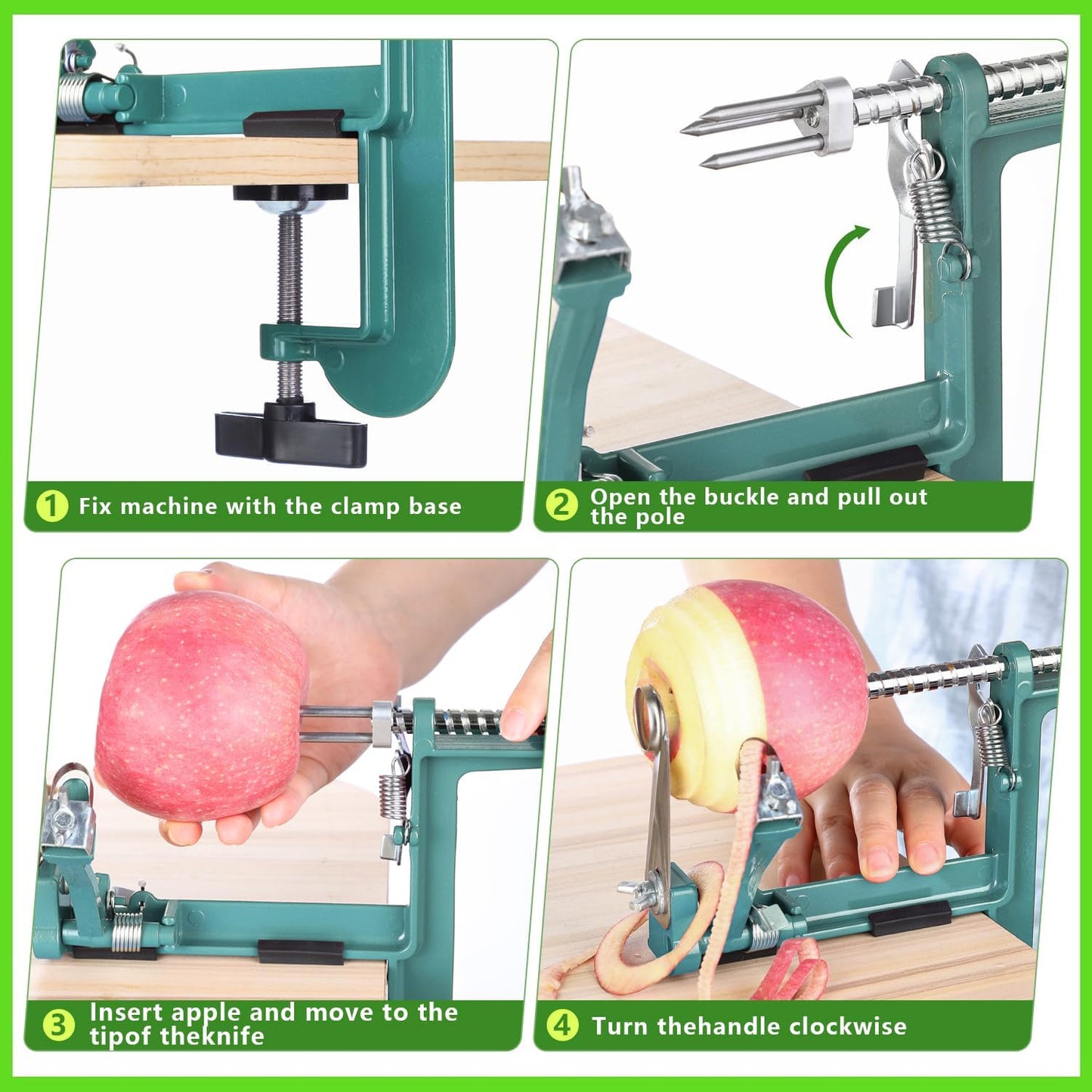 Apple Peeler Corer, Long lasting Chrome Cast Magnesium Alloy Apple Peeler Slicer Corer with Stainless Steel Blades and Powerful Clamp Base for Apples and Potato(DeepGreen)