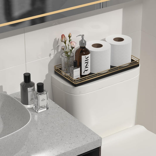 Oak Bathroom Toilet Tank Tray, 13" Paper Storage Basket Tray Back of Toilet Basket Organizer, for Perfume Makeup Candle Kitchen Counter Coffee Table Gold Decor