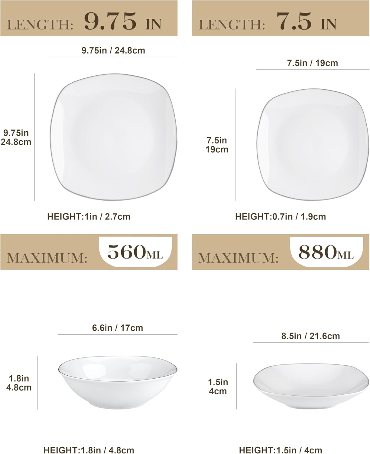 MALACASA Dinnerware Sets, 24 Piece Porcelain Square Dishes, White with Silver Rim Plates and Bowls Sets, Ceramic Dish Set for 6, Chip Resistant Dishware Sets, Series ELISA