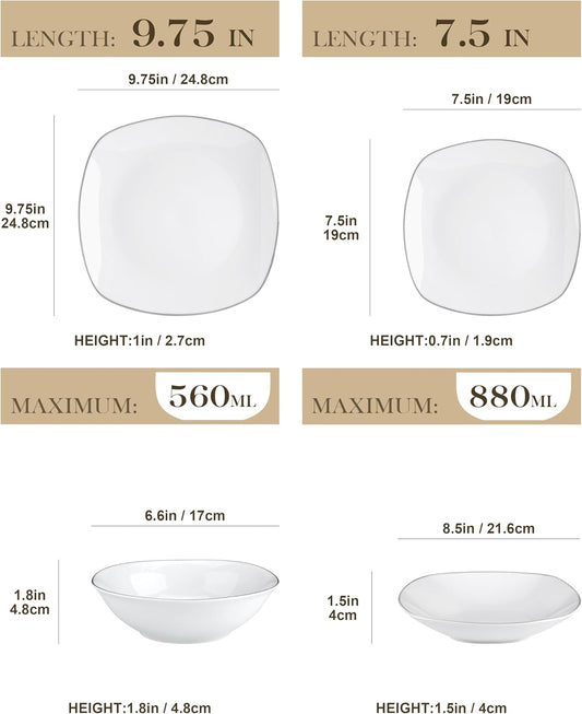 MALACASA Dinnerware Sets, 24 Piece Porcelain Square Dishes, White with Silver Rim Plates and Bowls Sets, Ceramic Dish Set for 6, Chip Resistant Dishware Sets, Series ELISA