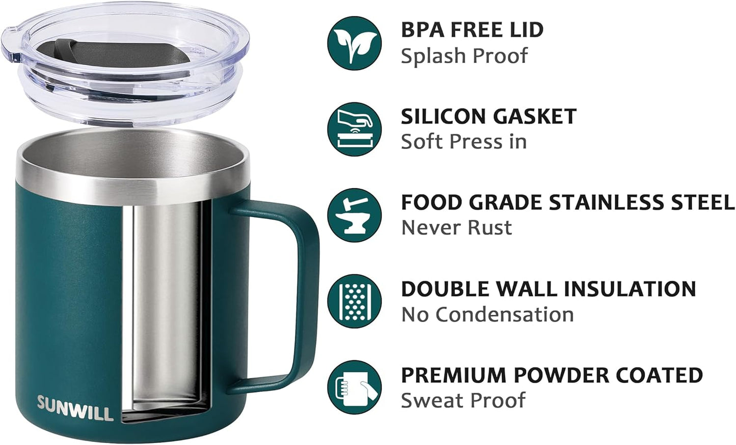 SUNWILL Travel Coffee Mugs Set of 4, Insulated Cup with Lid, 14oz Stainless Steel Tumbler with Handle Bulk for Gift, Camping, Office, Powder Coated Forest Green