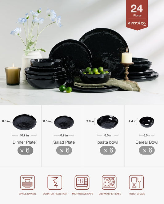 Famiware Porcelain kitchen plates and bowls set, Modern dishes set for 6, Handmade Wave Edge Dinnerware Sets, Microwave and Dishwasher Safe Tableware, Glossy-black (24pc)