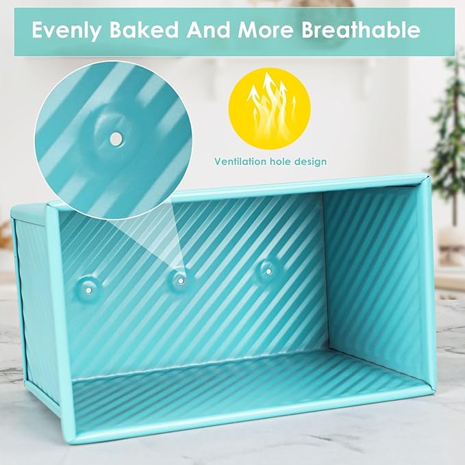 Blue Pullman Loaf Pan with Lid, Sandwich Bread Pullman Loaf Pan, 1LB Dough Capacity Rectangular Bread Pan, Non-Stick Loaf Pan with Dough Scraper Cutter for Sandwich Bread