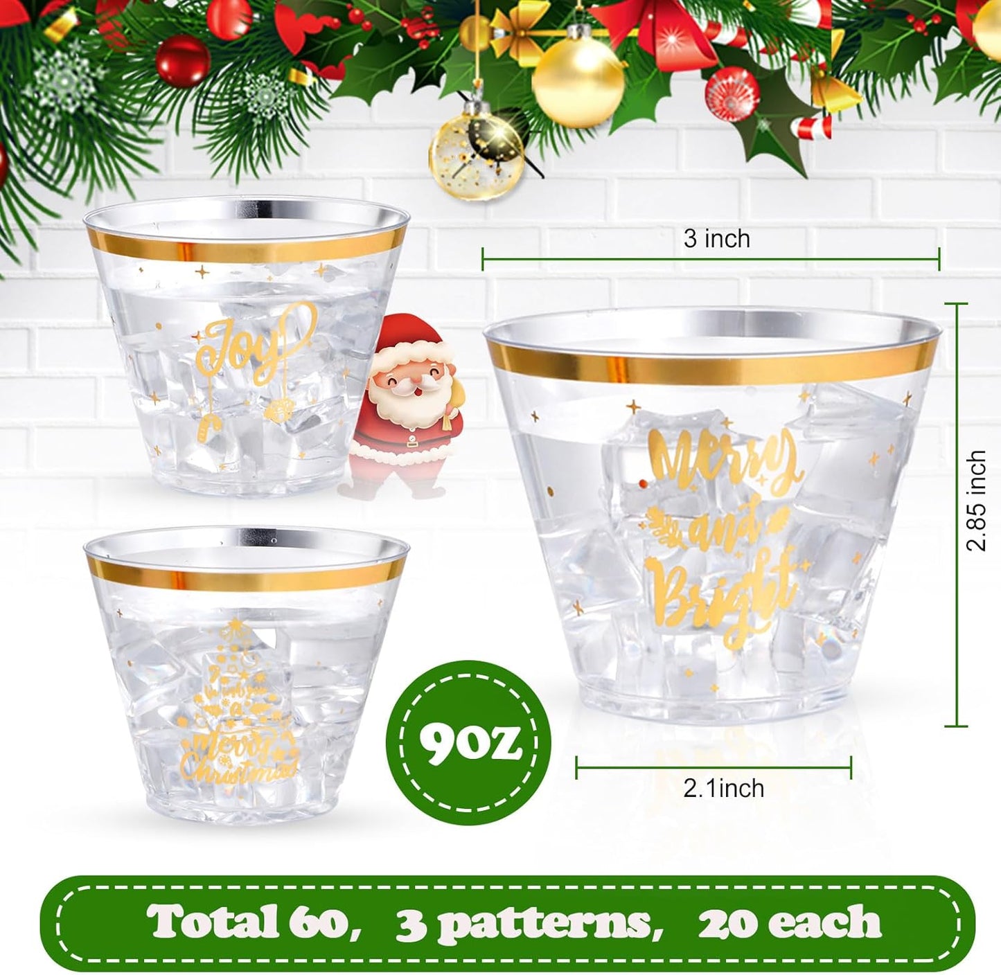 I00000 60 Pcs 9 oz Christmas Plastic Cups - Merry Christmas Party Cups - Gold Disposable Cups for Party Decoration - Cups Party Supply Drinkwear for Beer/Beverage/Snacks